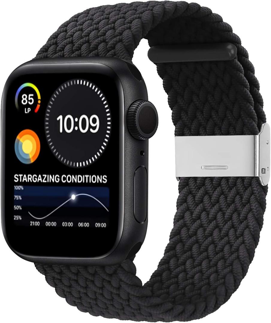 Bandiction Compatible with Apple Watch Bands 44mm/45mm/46mm/49mm/42mm(series 3 2 1), iWatch Bands Women Men,Adjustable Braided Solo Loop Elastic Sport Band (Black)