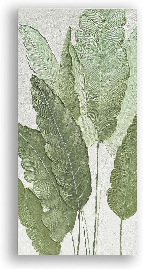 AntExpanse Gallery-quality 100% Hand-Painted 3D Textured Canvas Wall Art with Wooden Frame, Modern Large Green Leaf Oil Painting for Living Room, Bedroom, Dining Room Wall Decor (16x32inch Framed) (Elegant green leaves)