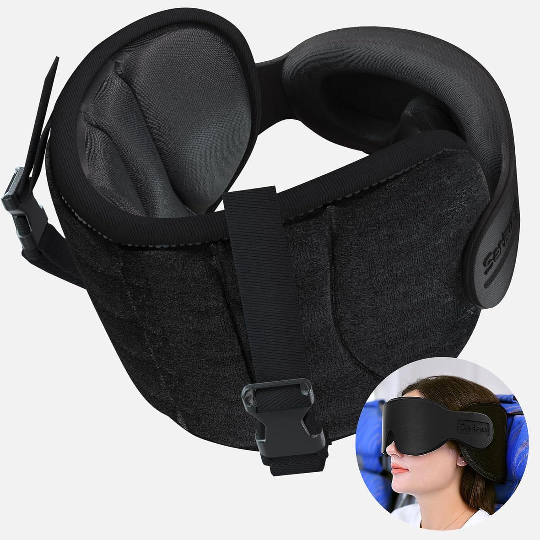 Travel Pillows for Airplanes, Airplane Pillow for Long Flight, Airplane Head Strap with Eye Mask for Sleep, Travel Neck Pillow for Car Road Trip, 360 Support Headrest, Stop Bobblehead, Black