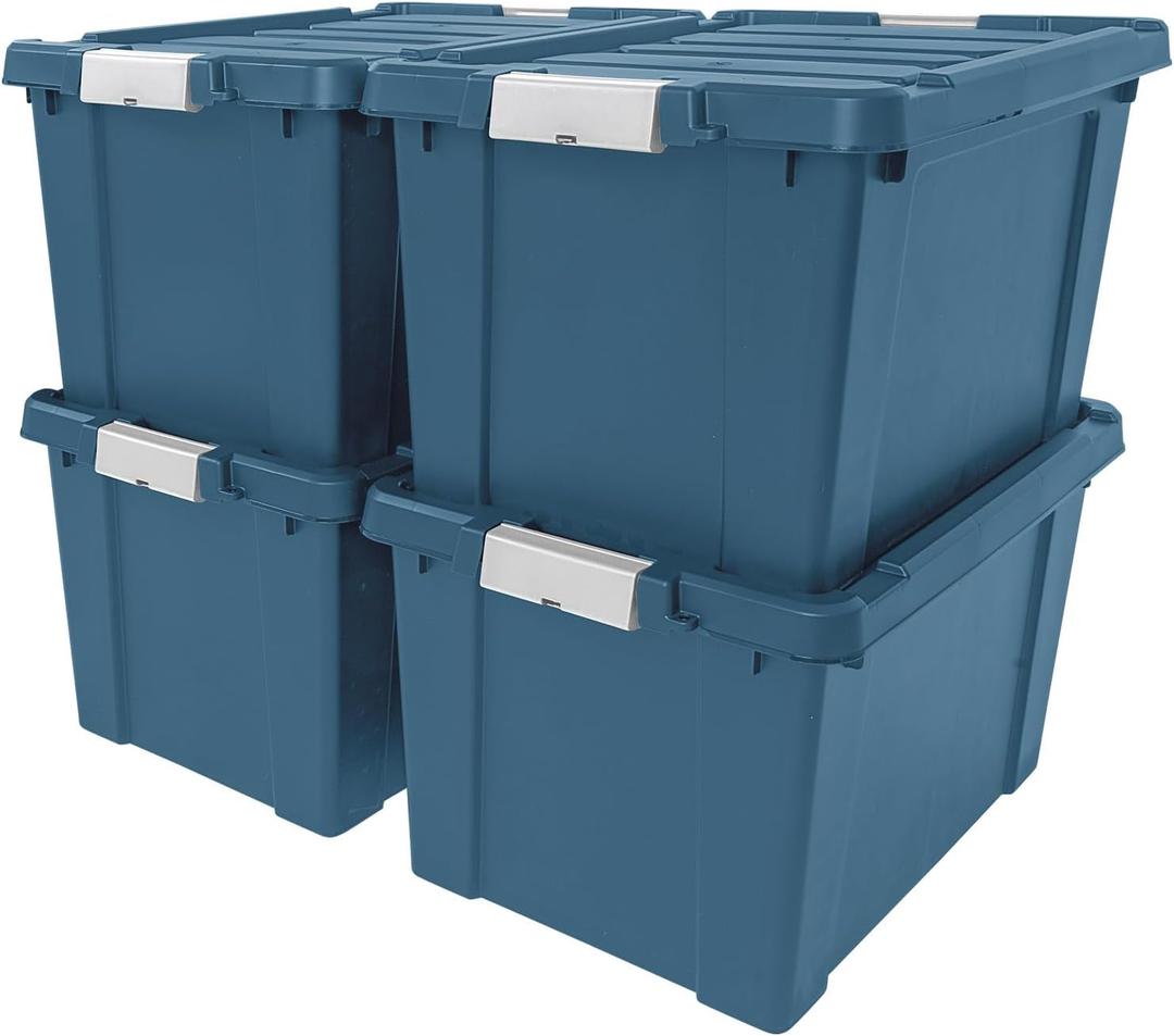 IRIS USA 20 Gallon Eco-Friendly Lockable Storage Bins with Lids, 4 Pack - Made in USA, Heavy Duty, Stackable Containers, Garage Organizing Bins Moving Tubs, Rugged Sturdy Equipment Utility Box - Navy