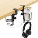 CABTE 2 in 1 Desk Cup Holder with Headphone Hanger Holder, Anti-Spill Clip-On Table Cup Hook with 360 Rotation for Lawn Chair, Office Home Gaming Table (1 Pack)
