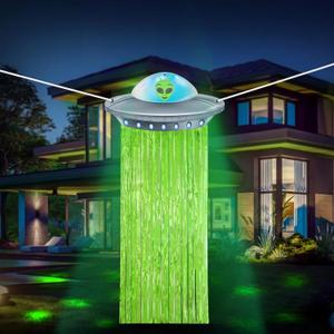 Simgoing Alien Birthday Party Decorations Door Curtain with Foil Fringe Tinsel Spacecraft Flying Saucer Spaceship Hanging Banner for Alien Halloween Party(Fluorescent Green)