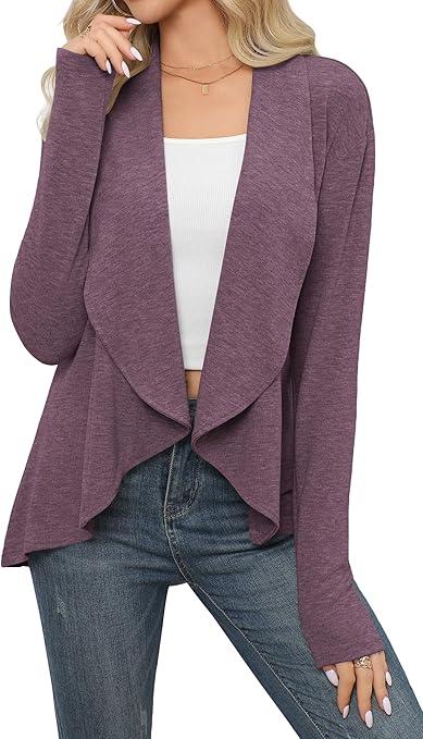 HIYIYEZI Cardigans for Women Casual Long Sleeve Open Front Soft Draped Lapel Cardigans, Size S