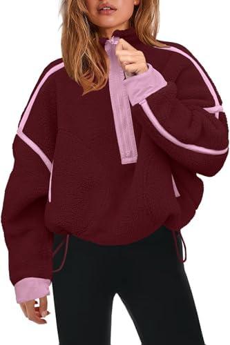 Panadila Womens Half Zip Sherpa Fleece Pullover Soft Oversized Sweatshirt with Pockets Warm Fuzzy Sweater, M