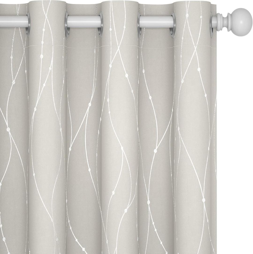 Deconovo Beige Curtains for Living Room, Light Darkening Soundproof Drapes with Wave Dots Silver Print, Farmhouse Boho Curtain, 52 x 84 Inch Long, Set of 2 Window Panels for Bedroom Office Nursery