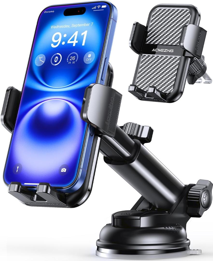 3-in-1 Car Phone Holder [122+LBS Strongest Suction & Stable Clamp Arm] 360 Adjustable Car Phone Mount, Cell Phone Holders for Your Car for Dashboard Vent, All Smartphones & Car Models (Black)