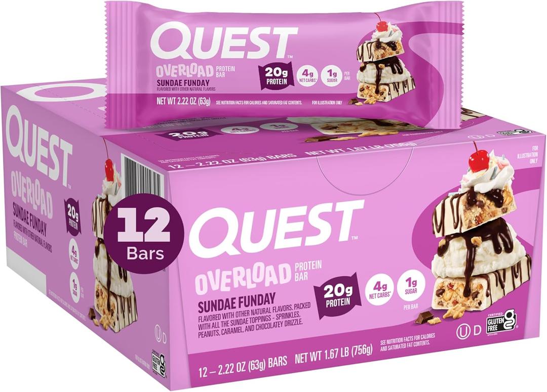 Quest Nutrition Overload Protein Bars, Sundae Funday, 20g Protein, 1g Sugar, 4g Net Carbs, Gluten Free, 12 Count BBD 02/19/2027