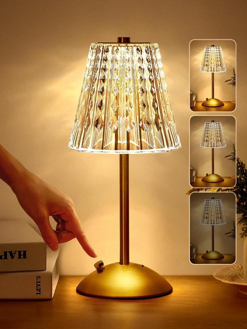 Crystal Cordless Lamp, Dimmable+3 Colors Rechargeable Lamp, Touch+2000mAh Battery Operated Vintage Ambient Light for Kitchen/Bedroom/Bathroom Shower, College Gifts, Mothers Day Gifts for Wife Daughter