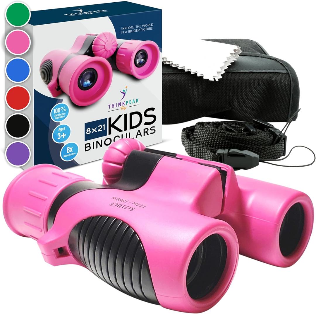 Think Peak Pink Binoculars Science Toy for Kids Ages 3-12 Years - Real Compact Outdoor Adventure & STEM Educational Nature Hiking Explorer for Bird Watching, Camping Children’s Birthday Gift
