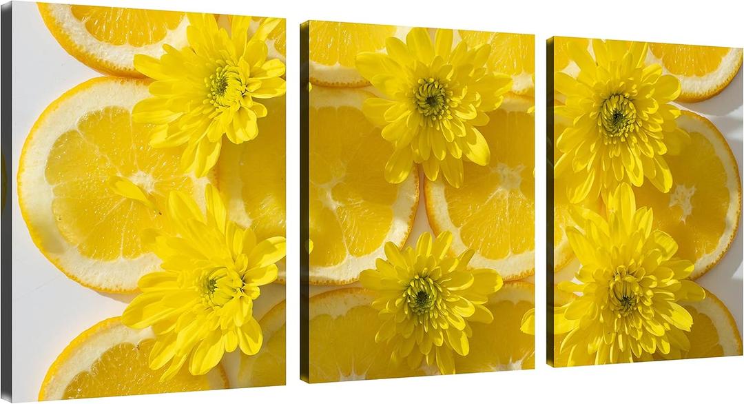 Lemon and Chrysanthemum Canvas Wall Art Modern Wall Art Yellow Pictures on Canvas Wall Art for Home Office Decorations Living Room Bedroom and Kitchen Decor 3 Pcs Framed Canvas Prints 12X16inches