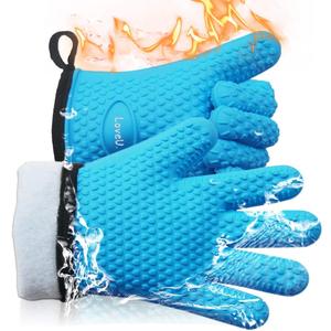 Kitchen Oven Gloves - Dual-Layer Heat Resistant Grilling Gloves, Silicone Oven Mitts with 5 Fingers, Waterproof Non-Slip Pot Holder for Barbecue, Cooking, Baking, Size XL-XXXL (Blue)
