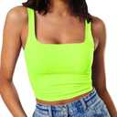 Artfish Women's Sleeveless Strappy Tank Square Neck Double Layer Workout Fitness Casual Basic Crop Tops (Neon Lime Green)