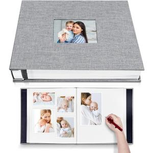Large Photo Album Self Adhesive with Picture Display Window, DIY Scrapbook Album for 4x6 8x10 Pictures, 40 Pages Linen Cover Memory Book with Scraper and Metallic Pen(Grey)