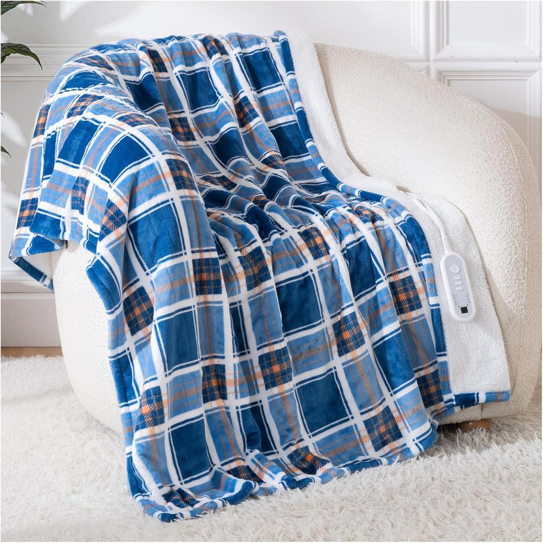 Electric Blanket Heated Throw, 50" x 60" Heated Blanket with 8 Heat Levels & 8 Hours Auto Off, Fast Heating Machine Washable Blankets with ETL & FCC Certification, Blue Plaid