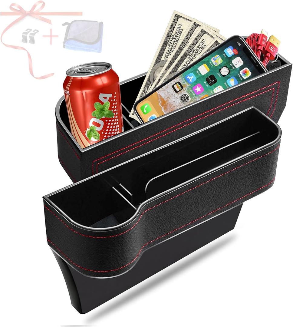 Car Seat Gap Filler Organizer, 2 Pack Multifunctional Car Seat Organizer, Auto Console Side Storage Box with Cup Holders 2 Seat Hooks for Drink, Car Organizer Front Seat for Holding Phone, Sunglasses (1-New Version)