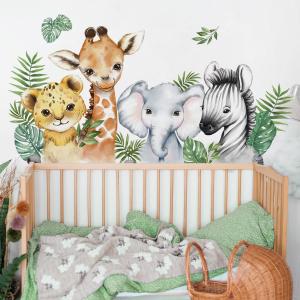 52.51x23.62 Inch Watercolor Jungle Animal Wall Decals Safari Forest Animal Wall Sticker Elephant Lion Monkey Decals for Baby Nursery Playroom Bedroom Classroom Kindergarten Decor (Style 14)