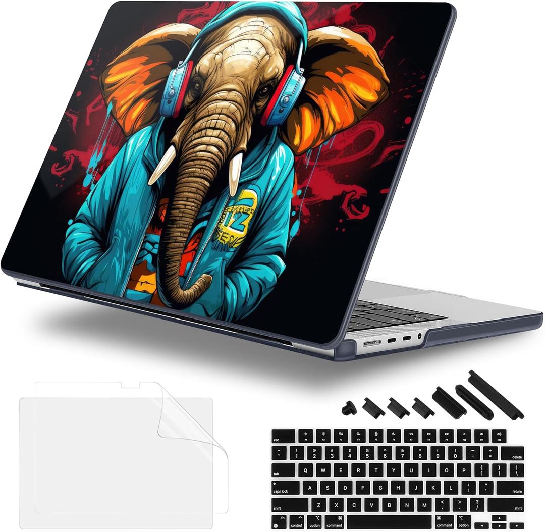 Case for MacBook Pro 14 Inch (2025-2021 Release), Models M5 A3434 A3112 M4 A3112 A3401 A3185 M3 A2918 A2992 M2 A2779 M1 A2442, Plastic Hard Shell Case with Keyboard Cover, Elephant Hoodie