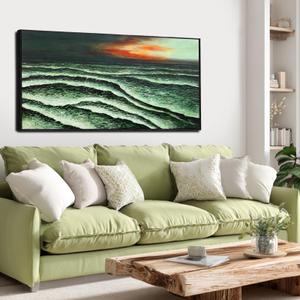 VAYIMDH Ocean Wave Wall Art, Green Sunset Seascape Canvas for Living Room Decor 29"x58"