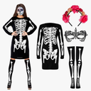 Ramede 4 Pcs Day of The Dead Costume for Women Halloween Cosplay Skeleton Dress Thigh High Socks Flower Headband Lace Mask XL