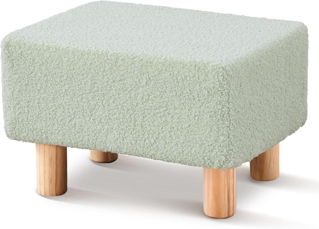 Wimarsbon Ottoman,Modern Footrest with Soft Padded Seat,Teddy Velvet Foot Stool with Wood Legs,Small Square Pouf for Living RoomBedroom and Office (Light Green)