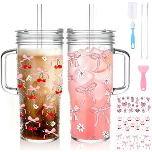 Birity 24oz Pink Bow Glass Cups with Lids and Straws,2 Set Glass Tumbler with Handle,Galss Cup with Stickers and Aesthetic Iced Coffee Cup for Smoothies,Tea,Juice,Boba,Christmas Gifts for Women