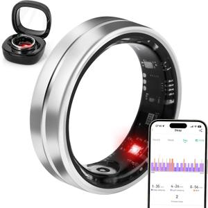 Smart Ring Fitness Tracker for Women Men - Waterproof Health Rings for Sleep Tracker, Heart and Blood Oxygen Monitor, Fitness Ring for Family Care, Health Monitor for Step and Calories Counter(7#) (Silver)