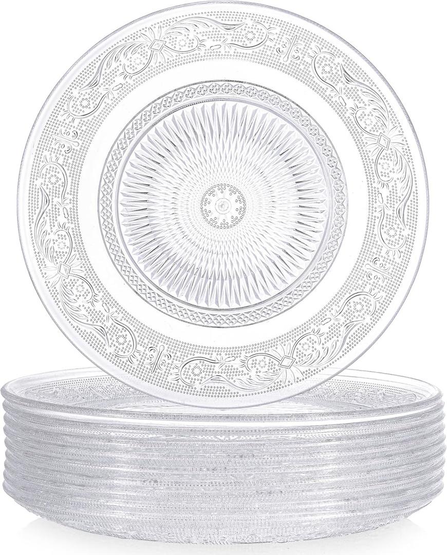10 Pcs 9.8 Inch Acrylic Crystal Dinner Plates, Clear Round Plastic Serving Platter Trays Vintage Dragon and Phoenix Embossed Dinnerware for Serving Food Salad Pasta Fruit Home Party Wedding