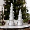 WONDROUS' DECO Wooden Christmas Tree Figurine, Tabletop Silver Tree Figurine, Set of 2 Desk Centerpieces for Christmas Decor