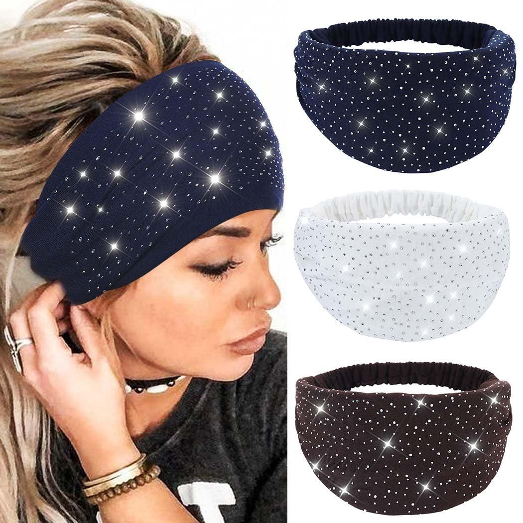 CAKURE Wide Rhinestone Headbands Sparkly African Head Wraps Bling Head Scarf Motorcycle Hair accessories Women (Pack of 3) (set 1)