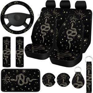 Riakrum 15 Pcs Boho Celestial Snake Seat Covers Full Set Thick Car Front and Back Steering Wheel Cover Seatbelt Strap Armrest Pads Cup Mat Wrist Strap Key Chains for Auto Truck