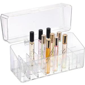 ELLDOO Rollerball Perfume Organizer, 24 Spaces Clear Acrylic Perfume Storage Holder Beauty Scent Holder, Makeup Lipgloss Lipstick Display Case with Lid