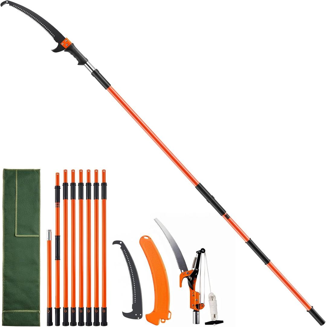 VEVOR Manual Pole Saw, 7.3-27 ft Extendable Tree Pruner, Sharp Steel Blade and Scissors High Branches Trimming, Branch Trimmer with Lightweight 8 Fiberglass Handles, for Pruning Palms and Shrubs