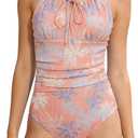 Girls Swimsuit One Piece Quick Dry Beach Swimwear with Adjustable Strap Girls Bathing Suit 13-14 Years (Peach Pink Palm Print)