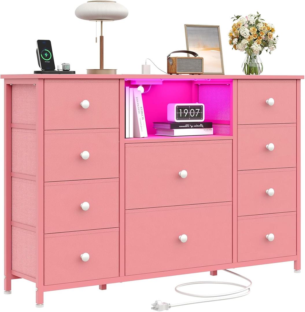 Dresser for Bedroom with 10 Drawers, Pink Storage Organizer TV Stand for 55" TV with LED Lights and Sockets, Fabric Chest of Drawers with PU Finish for Kid Room, Living Room, Hallway