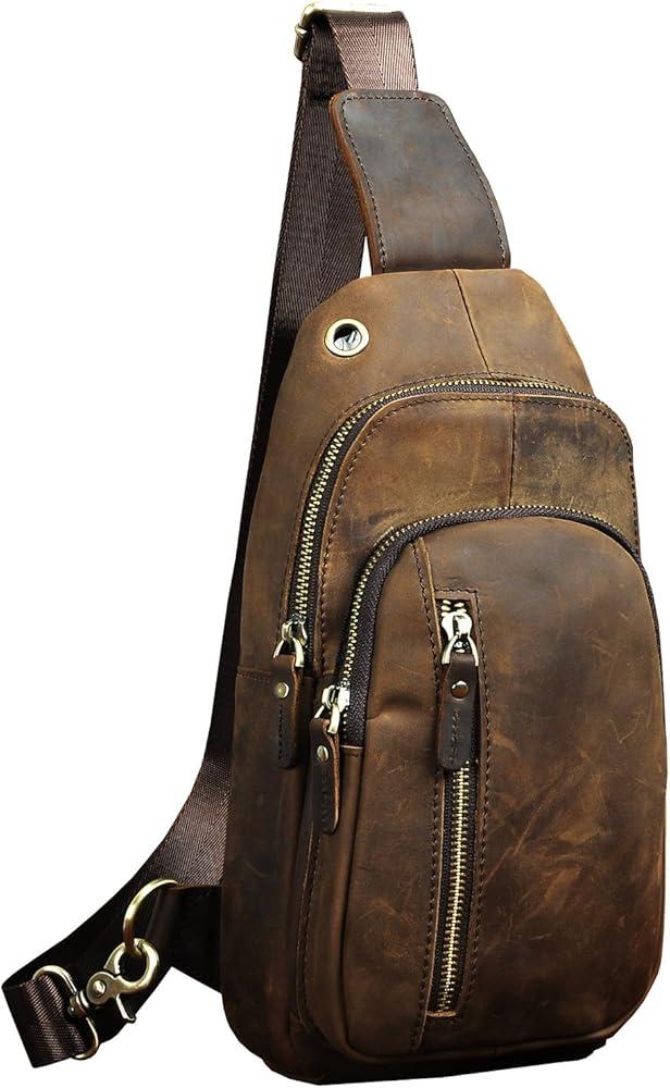 Le'aokuu Men Outdoor Casual Travel Hiking Tea Crossbody Chest Sling Bag Rig One Shoulder Strap Bag Backpack Men Leather, Brown