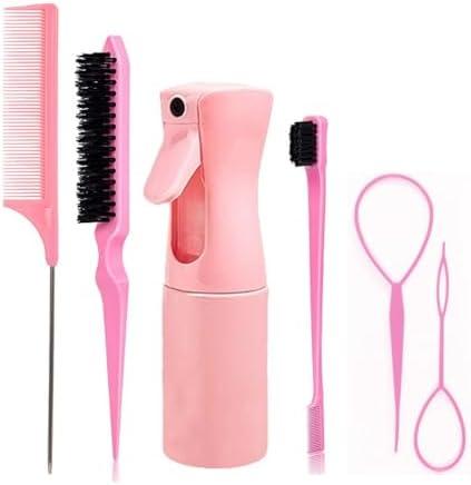 TATDBEUHW Hairdressing Set,Hair Set,Hair Styling Tool Set, 6 Pieces with 200ml Spray Bottle, Rat Tail Comb, Edge Brush, Hair Loop, Black and Pink