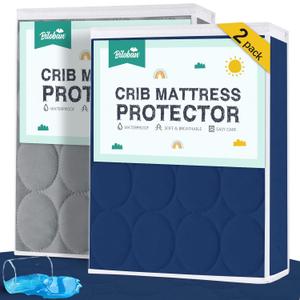 Biloban Crib Mattress Protector 2 Pack, Waterproof, Durable, Grey & Navy, Absorbent, Noiseless, Fits Standard 28 x 52 x 5 Inch Mattresses