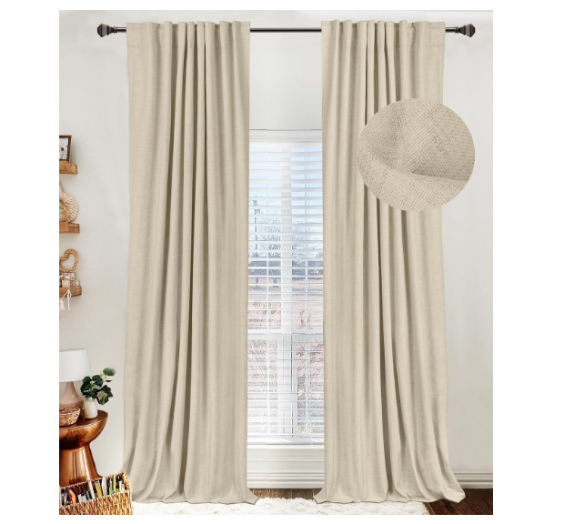 100% Blackout Shield Linen Blackout Curtains for Bedroom 96 Inches Long, Back Tab/Rod Pocket Living Room Drapes, Thermal Insulated Blackout Curtains 2 Panels Set, 50" W x 96" L, Beige