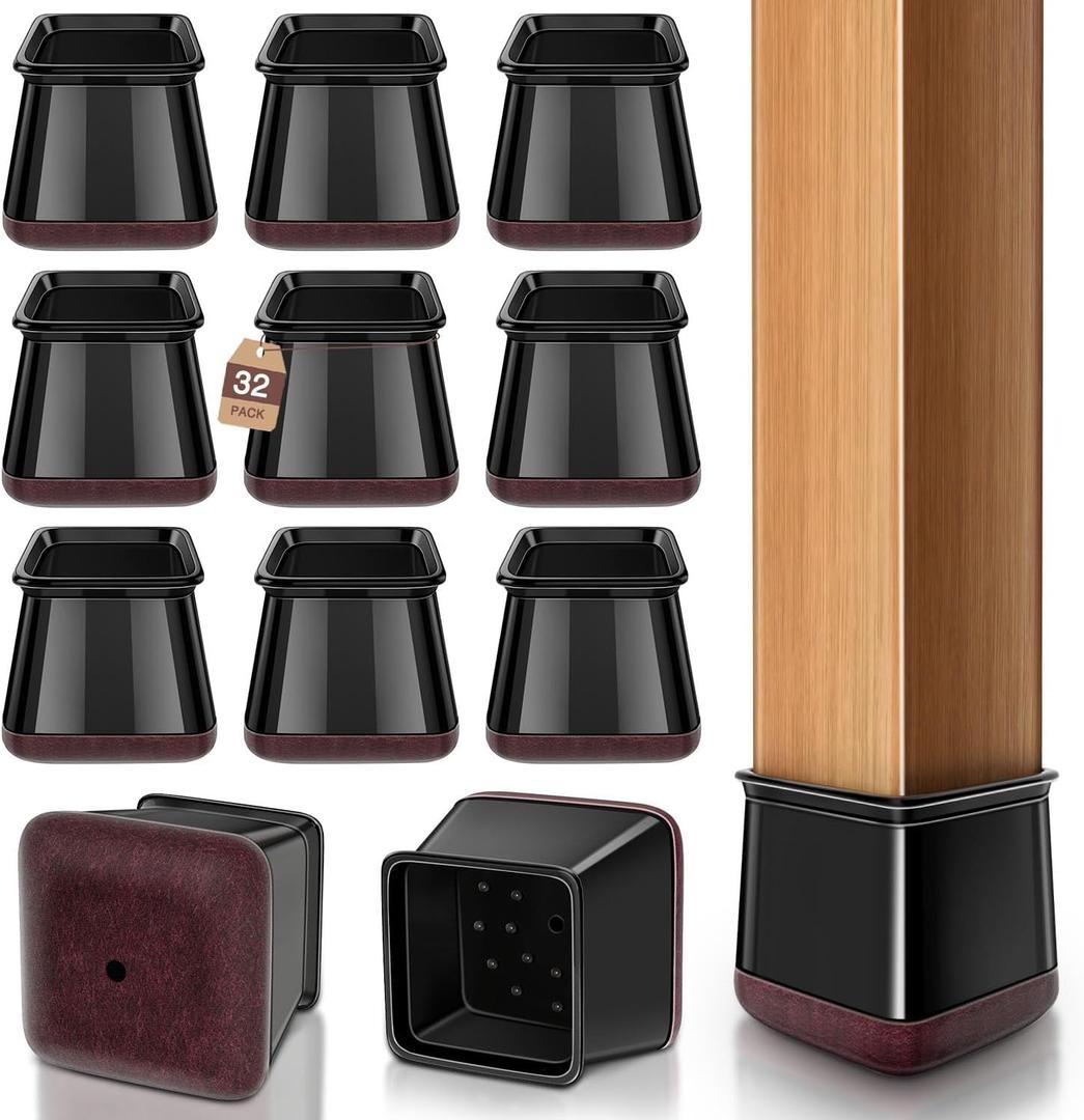 Chair Leg Floor Protectors Square Chair Leg Protectors for Hardwood Floors Silicone Caps Felt Strengthen Bottom Protection Non Slip Reduce Noise 32 Pack Black Square M Fit:13/16" ~ 1" (20~26mm)