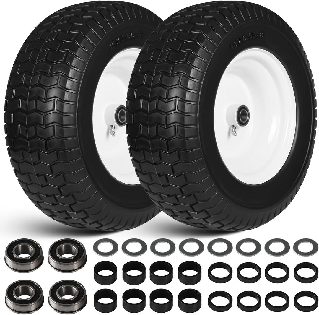 16x6.50-8 Flat Free Lawn Mower Tire Wheels; 2 Packs Non-Slip Puncture-proof Tire for Lawnmowers, Replacement 3/4" & 4 Pcs 5/8" Bearing with 24 Spacers for Zero Turn Mowers Garden Tractors Carts