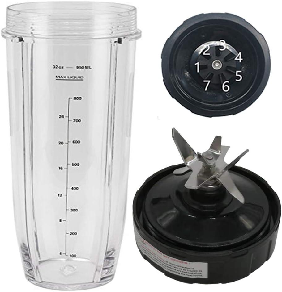 32oz Replacement Cup and 6 fins Blade with 7 male Fins Gear,Replacement Parts Blade Assembly for 1000W Ninja Auto-iQ Blender BL480-30/BL481-30/BL482-30/BL482QPR-30/BL482QPK-3(32ozCup+7Fin Gear Blade)
