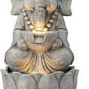 Glitzhome Outdoor Fountains and Waterfalls Zen-Style Concrete Resin Elephant Water Fountains with LED & Pump, Garden Patio Water Fountain Yard Fountain 2 Tier Floor Waterfall for Backyard Lawn 22" H