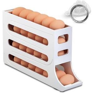 ZAYLAN Egg Holder for Fridge, Auto Rolling Egg Roller/Dispenser/Organizer/Storage Container, Space-Saving 4-Tier Egg Tray for 28 Eggs, Refrigerator, Kitchen & Countertop with Flower Egg Cutter (WHITE)