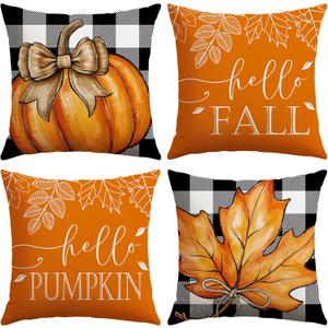2 x Artscope Fall Pillow Covers 18x18 Inch Set of 4, Hello Fall Hello Pumpkin Buffalo Plaid Maple Leaves Harvest Outdoor Decorative Farmhouse Pillow Cases for Home Sofa Couch-Orange B