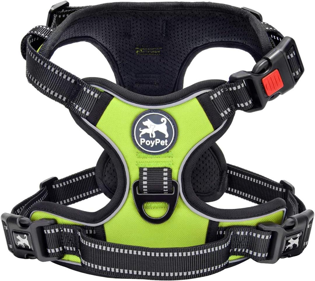 PoyPet No Pull Dog Harness, No Choke Front Clip Dog Reflective Harness, Adjustable Soft Padded Pet Vest with Easy Control Handle for Small to Large Dogs(Green,M)