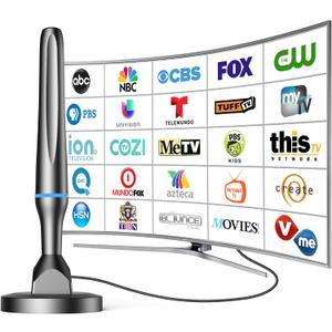 Digital TV Antenna for Smart Tv Indoor Antenna for Tv Without Cable with 360° Reception Strong Magnetic Base, tv Antenna for Local Channels, Supports 1080P and 4K 10ft Long Cables（Orange17401）