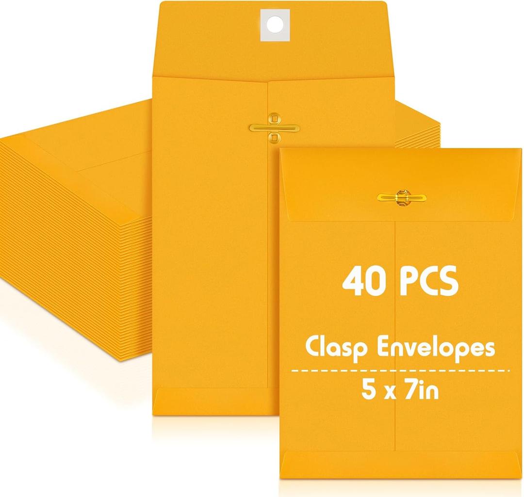 Geyee 40 Pcs 5 x 7" Clasp Manilla Envelopes Gummed Clasp Closure 28 lb Kraft Paper Envelopes for Storing or Mailing Home Business Office (Yellow)