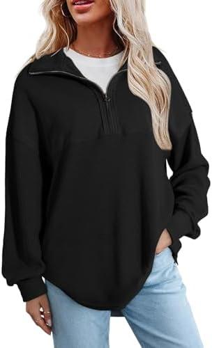 SHEWIN Womens Fall Sweatshirt Casual Waffle Knit Half Zip Pullover Loose Long Sleeve Tops, Size L