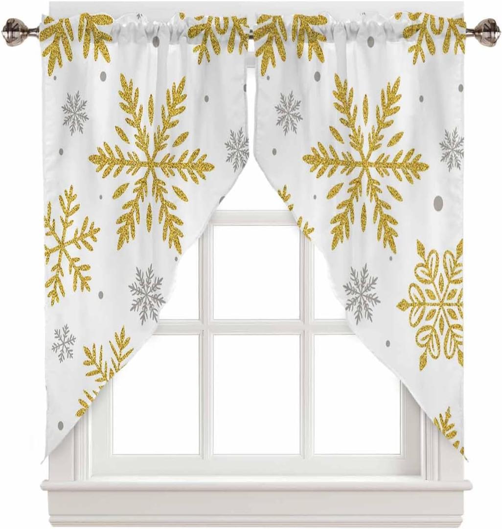 Swag Curtain,Christmas Gold Foil Snowflake White Kitchen Valances Rod Pocket Curtains Tier Pair Swag Topper,Winter Grey Snow 2 Panels Window Treatment for Bathroom Living Room Bedroom