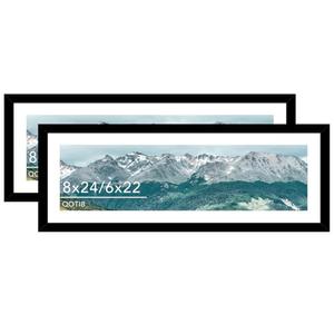 QOTIB Wood 8x24 Picture Frame with 6x22 Mat, Display 6x22 with Mat or 8x24 Without Mat, Wood 8 by 24 Photo Frame, 8 x 24 Frame for Wall Hanging Display, Black, 2 Pack